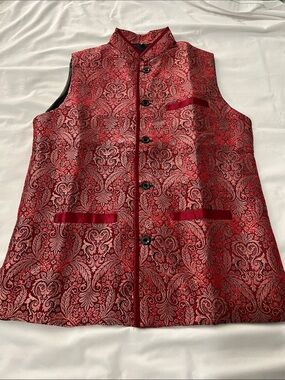 Red Brocade Nehru Vest